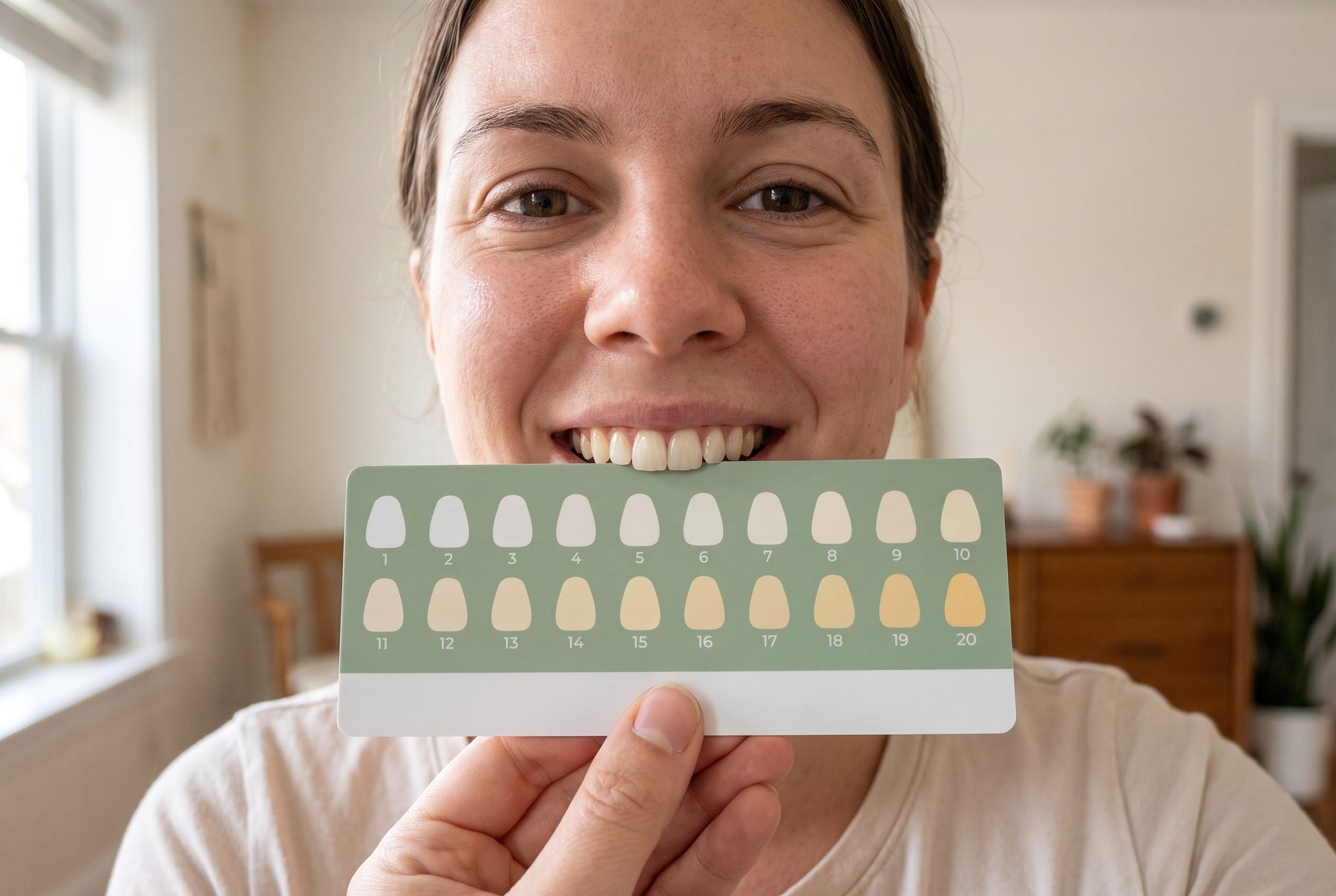 En kunde holder WeSmiles fargeskala med 20 trinn ved siden av tennene